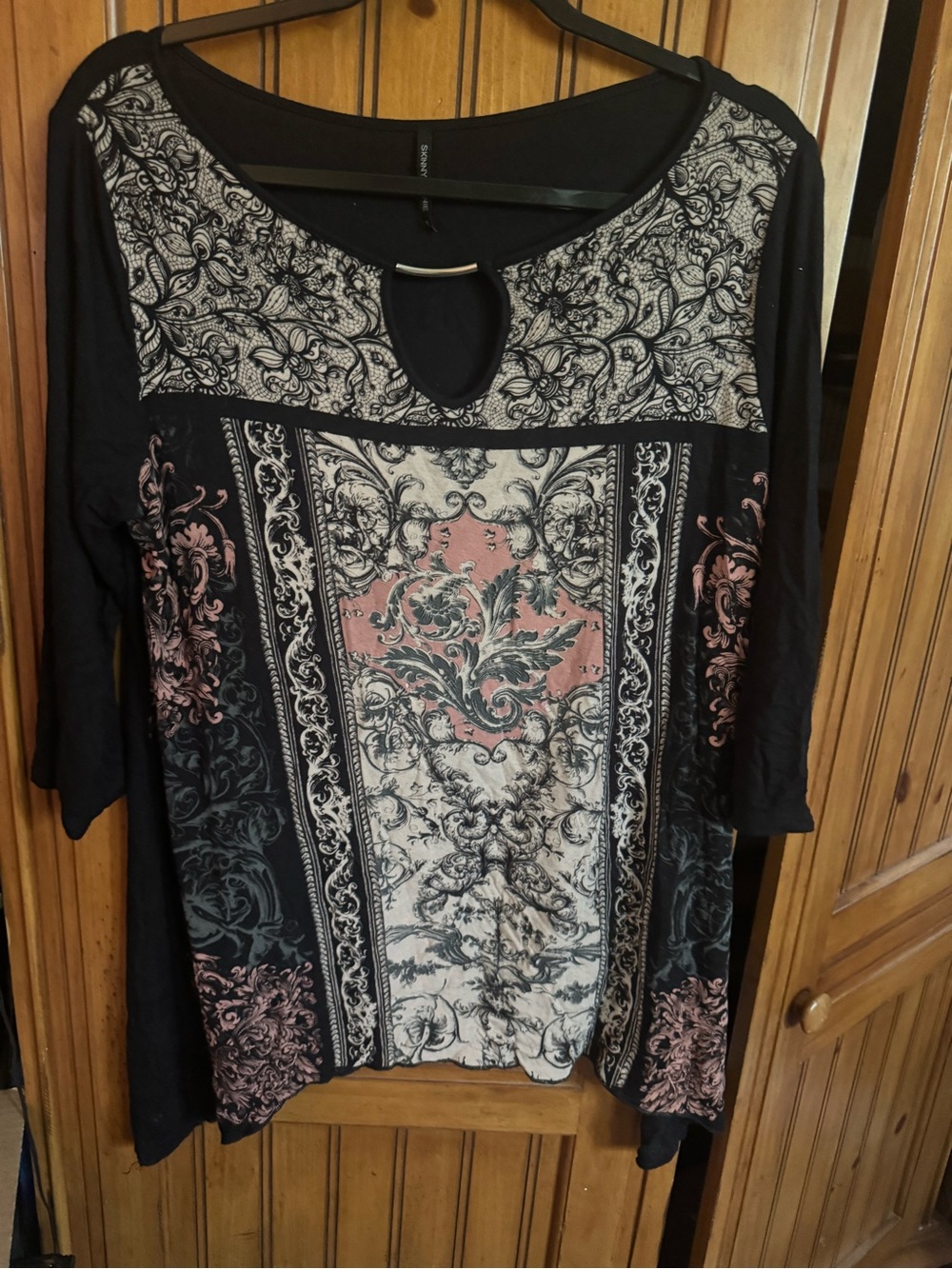 Skinny Minnie Black Tunic with Dusty Rose & Cream Ornate Print